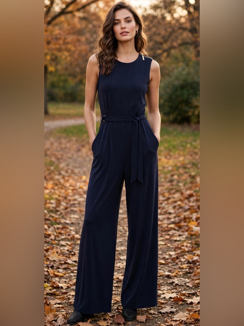 Michael Kors Navy Wide Leg Belted Jumpsuit Gold Zipper Sleeveless M